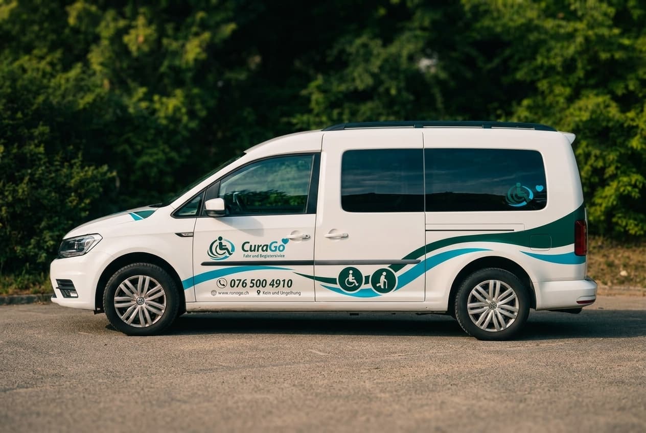 Weisser VW Caddy Maxi von CuraGo mit Wellen-Folierung, Seitenansicht