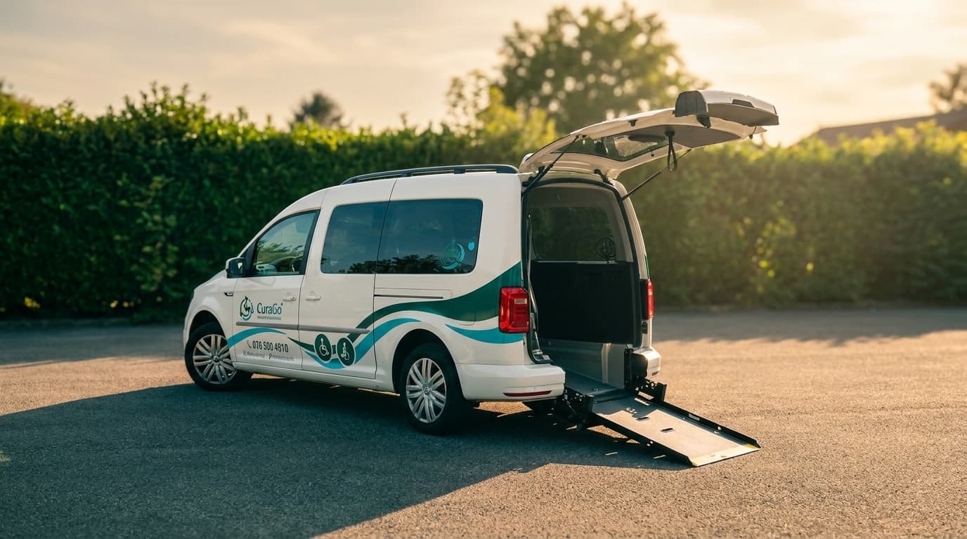 Weisser VW Caddy Maxi von CuraGo mit ausgefahrener Rollstuhlrampe im warmen Abendlicht