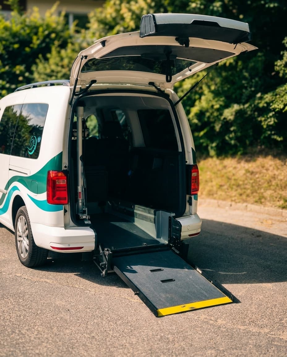 Ausgefahrene Rollstuhlrampe am Heck des CuraGo Fahrzeugs mit ebenerdigem Einstieg